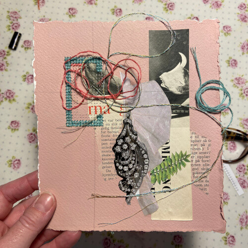 Broderi sting på collage skabt af kunstner Eva C Art